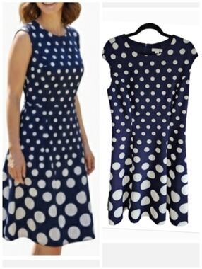 London Style Collection Navy Blue & White polka-dot dress women's plus size 14